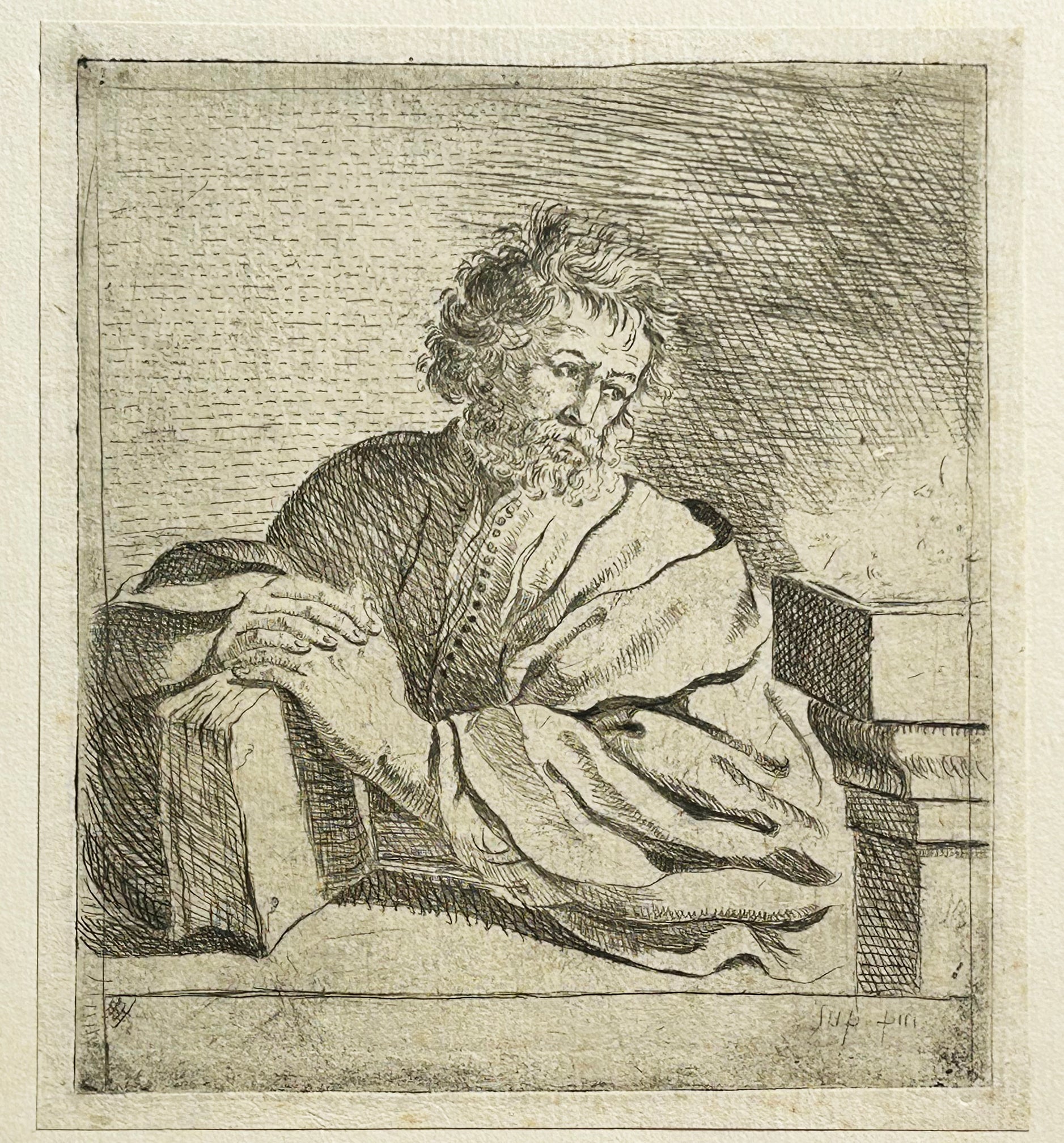 Louis de BOULLOGNE père - Saint Luc en buste, les mains appuyées sur un livre. Eau-forte originale. 