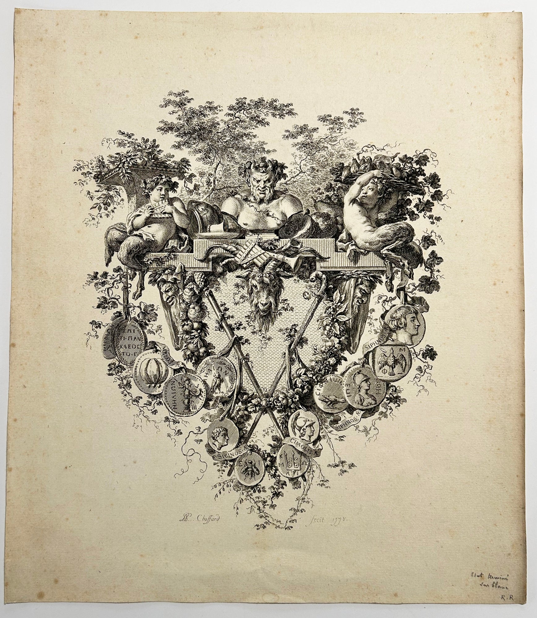 [Buste de satyre entre deux petits faunes]. Cul de lampe du 1er chapitre de 