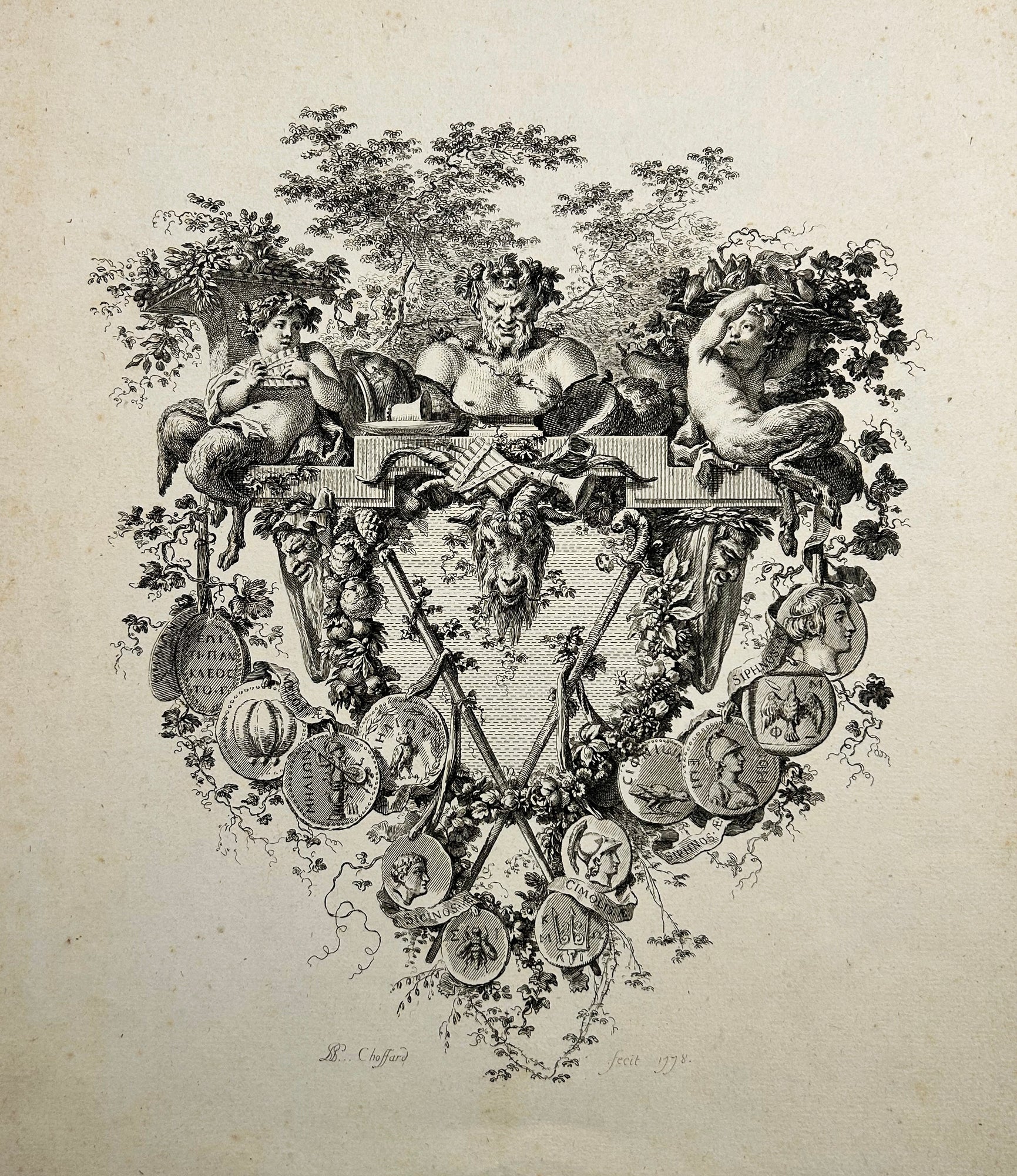 Pierre-Philippe CHOFFARD - [Buste de satyre entre deux petits faunes]. Cul de lampe du 1er chapitre de 