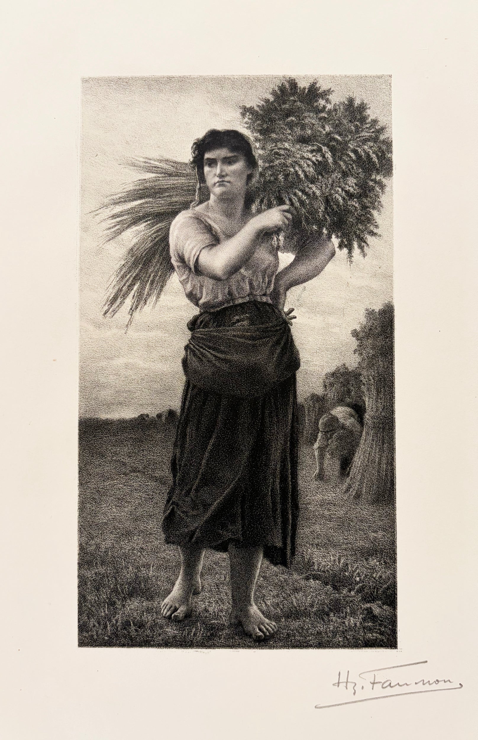 D'après Jules BRETON - La glaneuse.  1898. Lithographié par Hippolyte Fauchon (né à Paris, actif à la fin du XIXème et au début du Xxème siècle). 