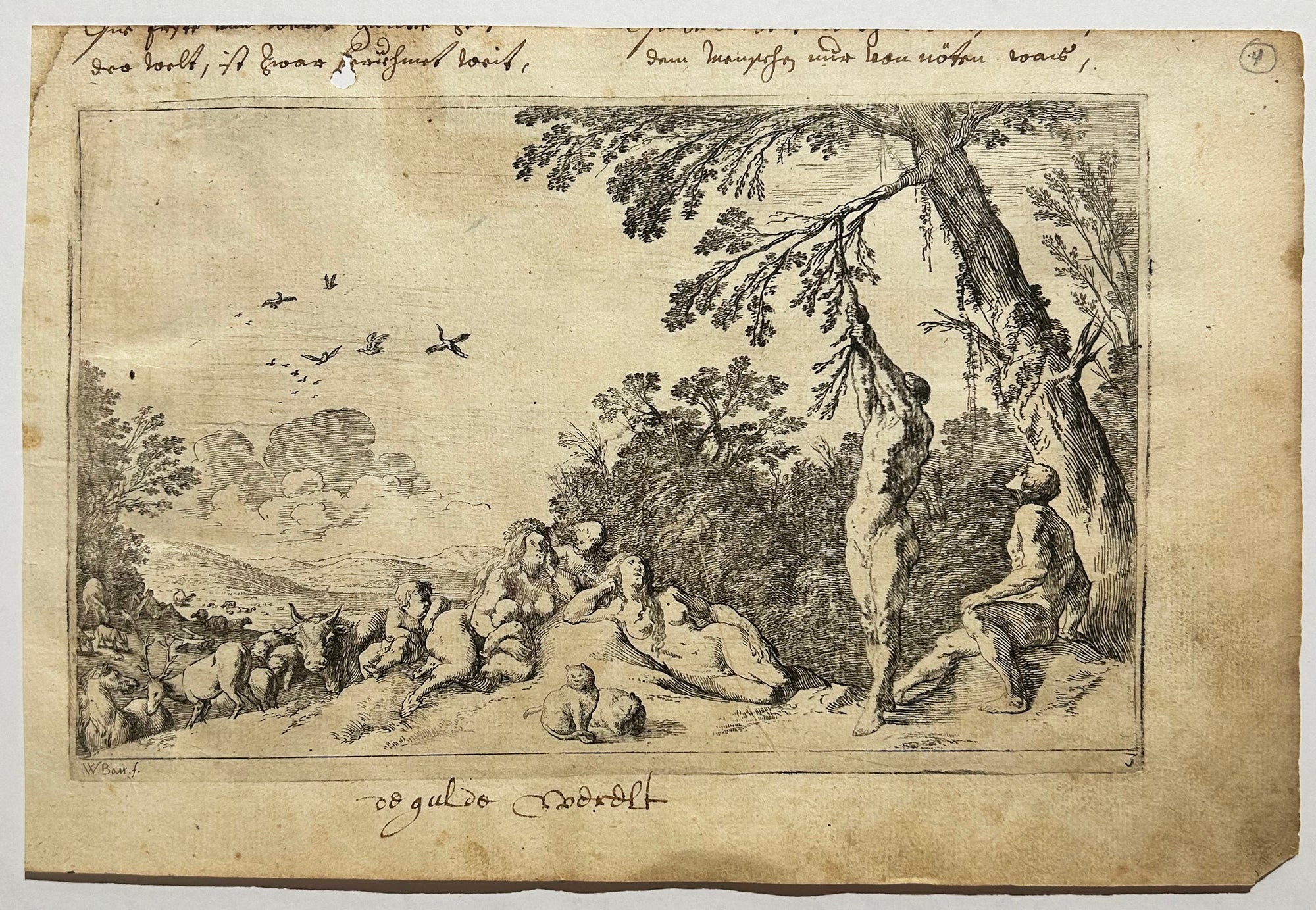 J.W. BAUR - L’âge d’or. Un paysage rural avec plusieurs figures humaines et animaux.  1641. Eau-forte.