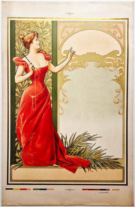 ANONYME - Projet d'Affiche, femme en robe rouge. c.1900. Chromolithographie. 