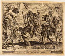 Charger l'image dans la galerie, Harmen Jansz MULLER - Les trois figures Chrétiennes: Le roi Arthur, Charlemagne et Godefroy de Bouillon.  c.1567. Gravure à l'eau-forte et au burin d'après Maarten van Heemskerck (Heemskerk 1494 ou 1498 † Haarlem 1574). 

