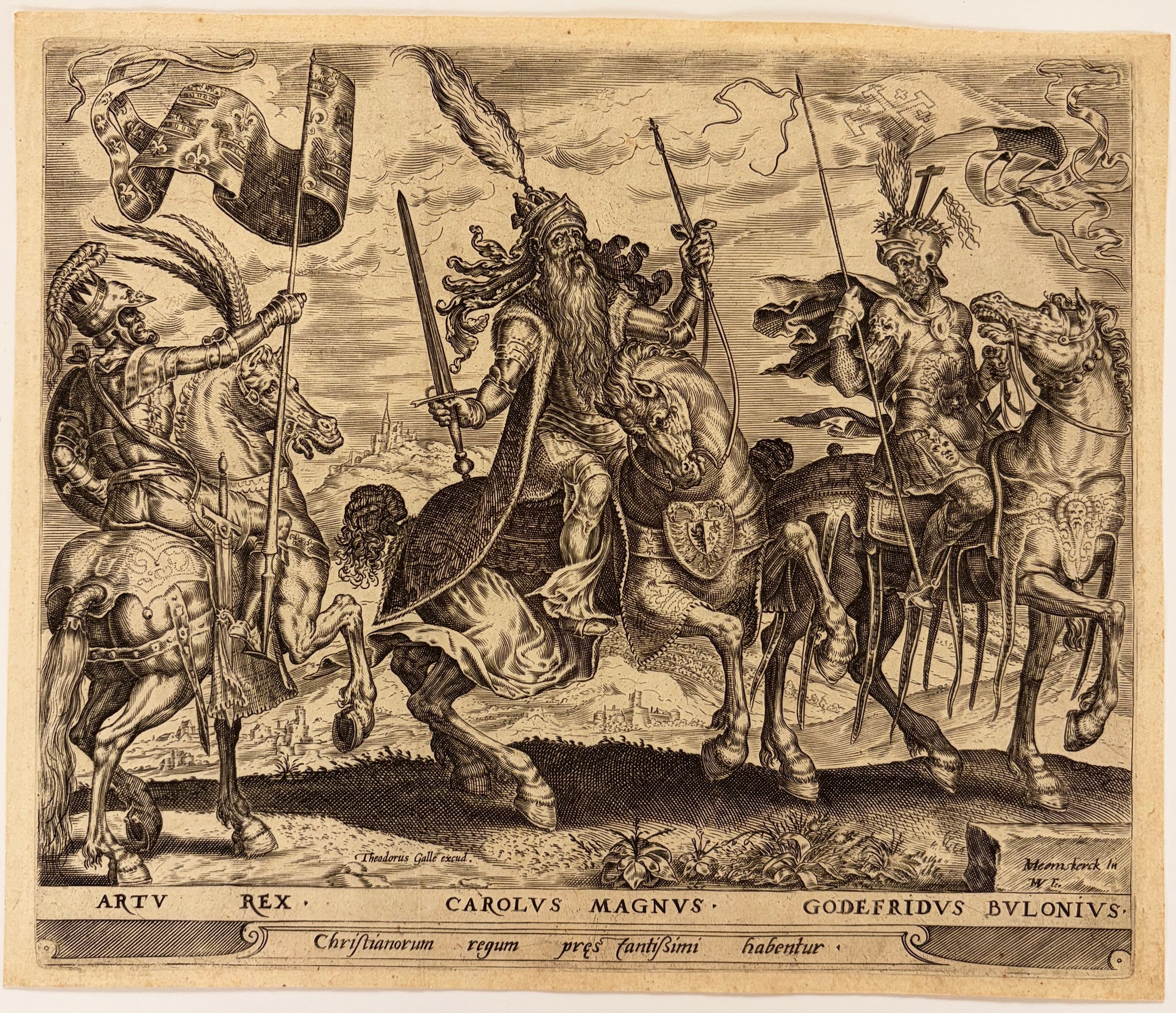 Harmen Jansz MULLER - Les trois figures Chrétiennes: Le roi Arthur, Charlemagne et Godefroy de Bouillon.  c.1567. Gravure à l'eau-forte et au burin d'après Maarten van Heemskerck (Heemskerk 1494 ou 1498 † Haarlem 1574). 