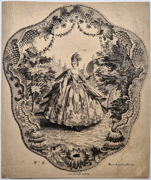 D'après Antoine WATTEAU - Ecran: Mlle La Montagne maîtresse de Watteau, en toilette de bal. EAu-forte.