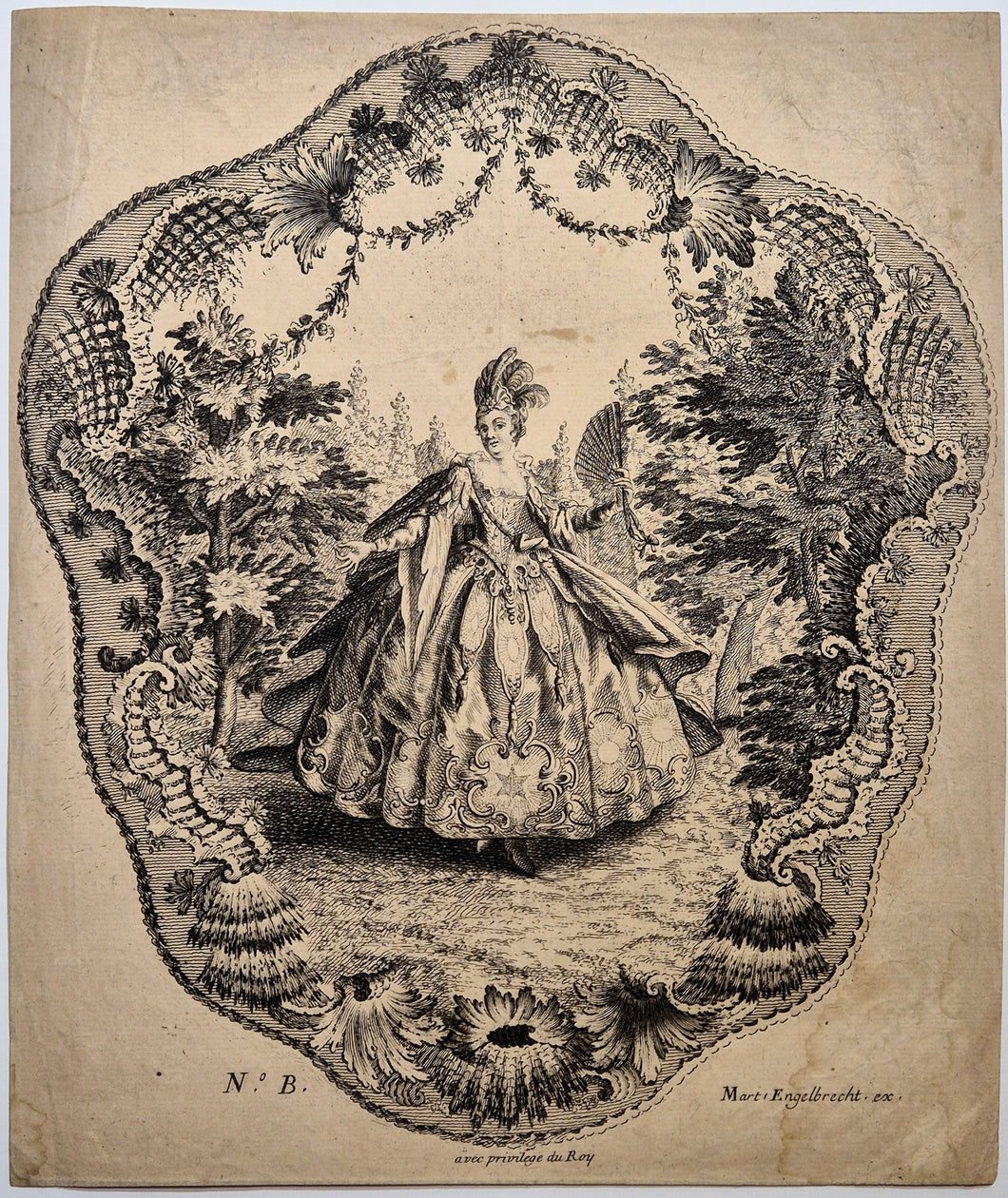 D'après Antoine WATTEAU - Ecran: Mlle La Montagne maîtresse de Watteau, en toilette de bal. EAu-forte.