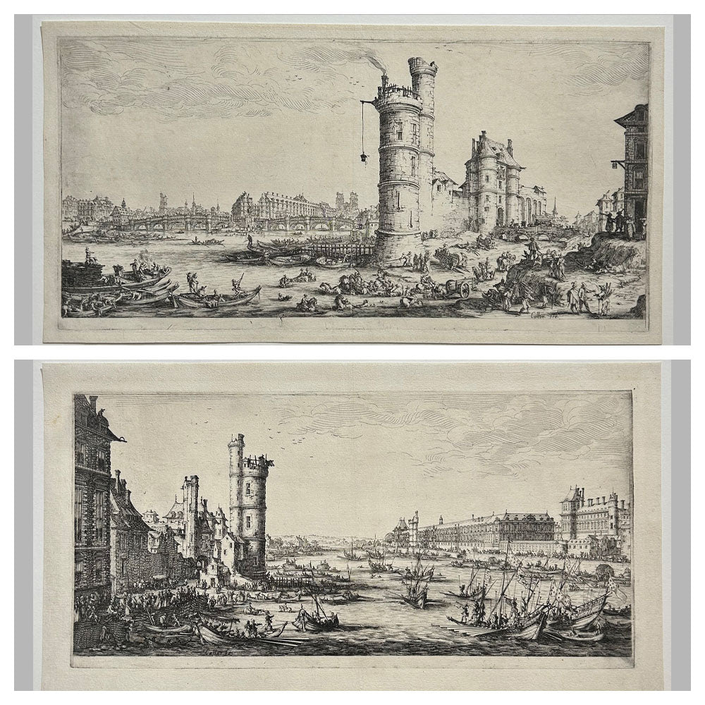 Jacques CALLOT - Vue du Louvre & Vue du Pont-Neuf.  1629-1630. Deux eaux-fortes originales. 
