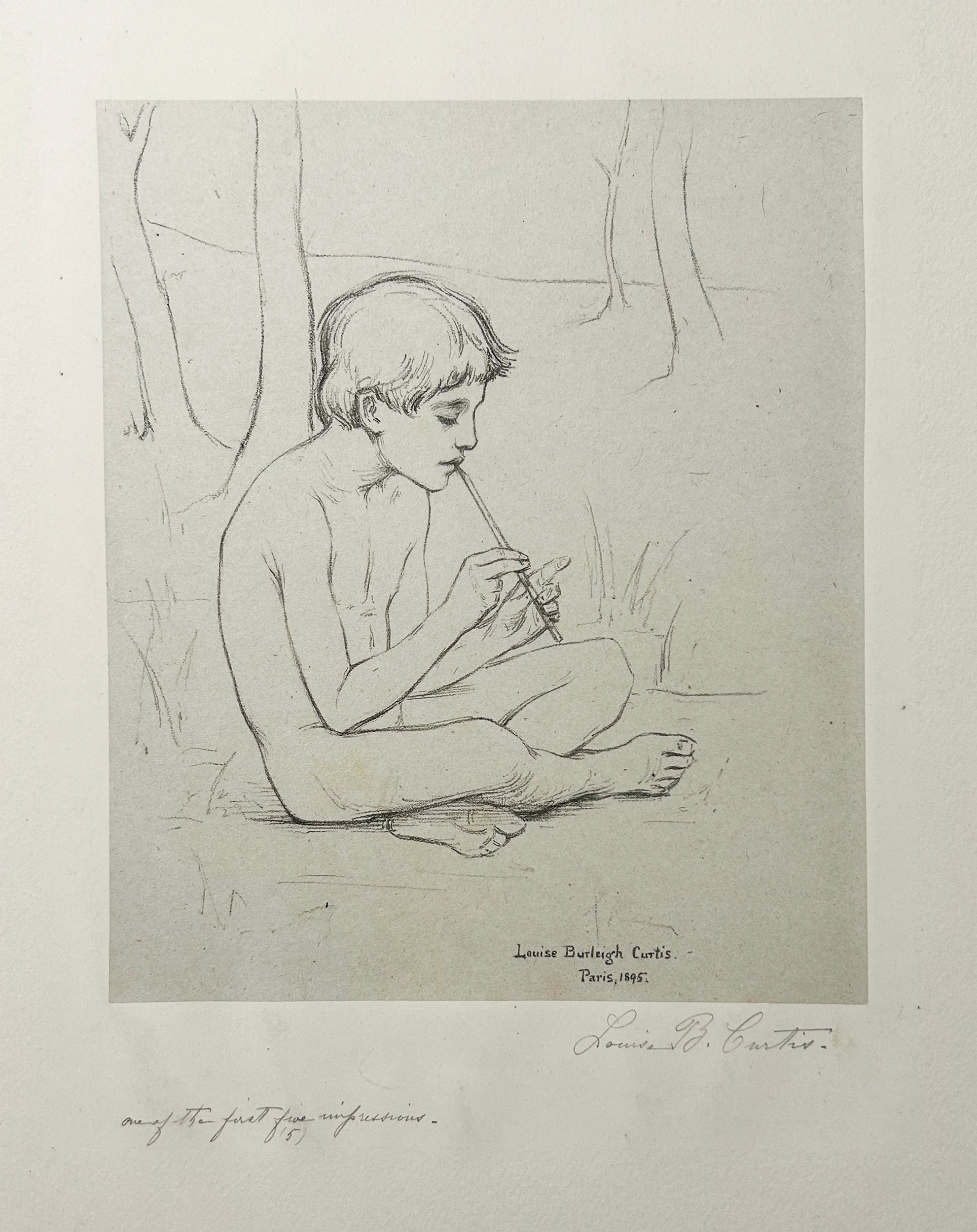 Louise BURLEIGH CURTIS - [Joueur de flûte]. 1895. Lithographie originale, signée.