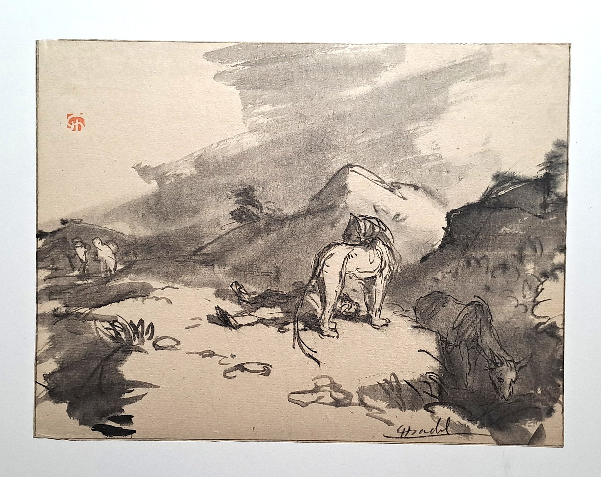 Jules CHADEL [Scène biblique avec lion (1 Rois 13:24-28)]. Dessin original. 