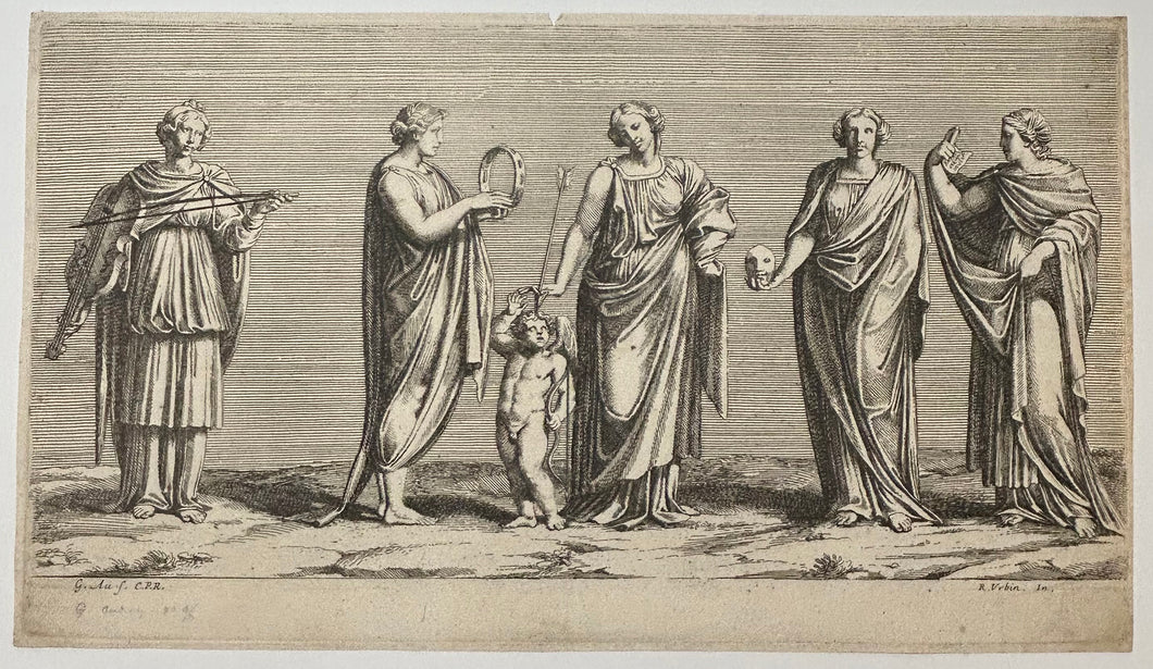 Mnémosyne et le Génie de la Poésie, au milieu de Thalie, de Melpomène et de deux autres Muses.