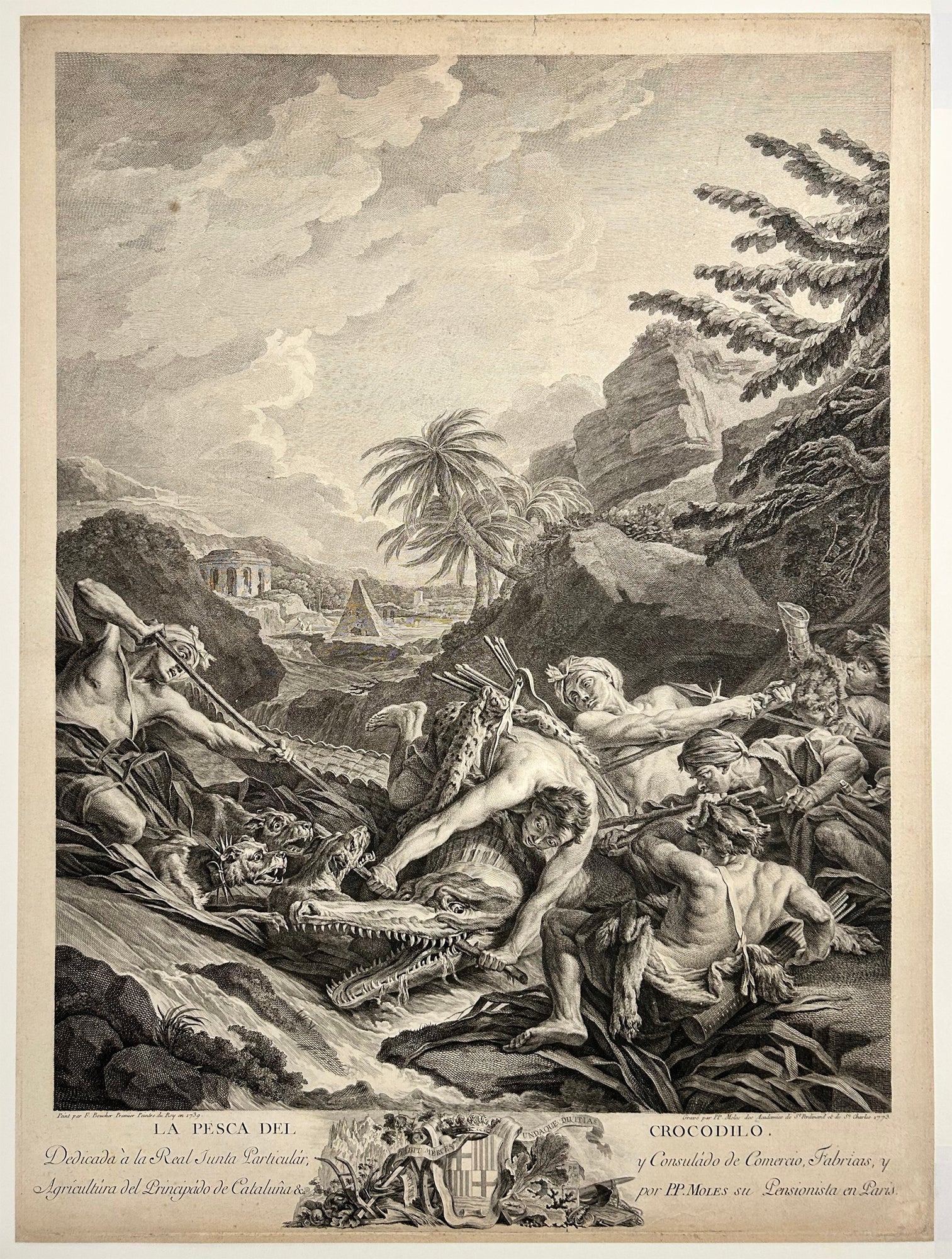 Pascual Pedro MOLES - La pesca del crocodilo (La chasse au crocodile). 1773. Gravure à l'eau-forte et au burin d'après le tableau peint en 1739 par François Boucher 