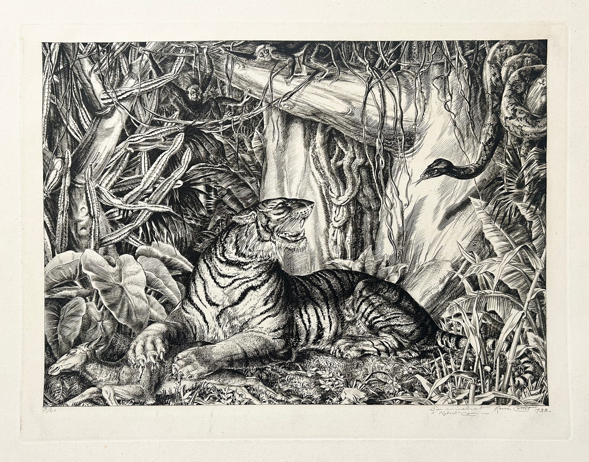 René COTTET - Dans la jungle. 1933. Gravure originale à l'eau-forte et au burin, signée.
