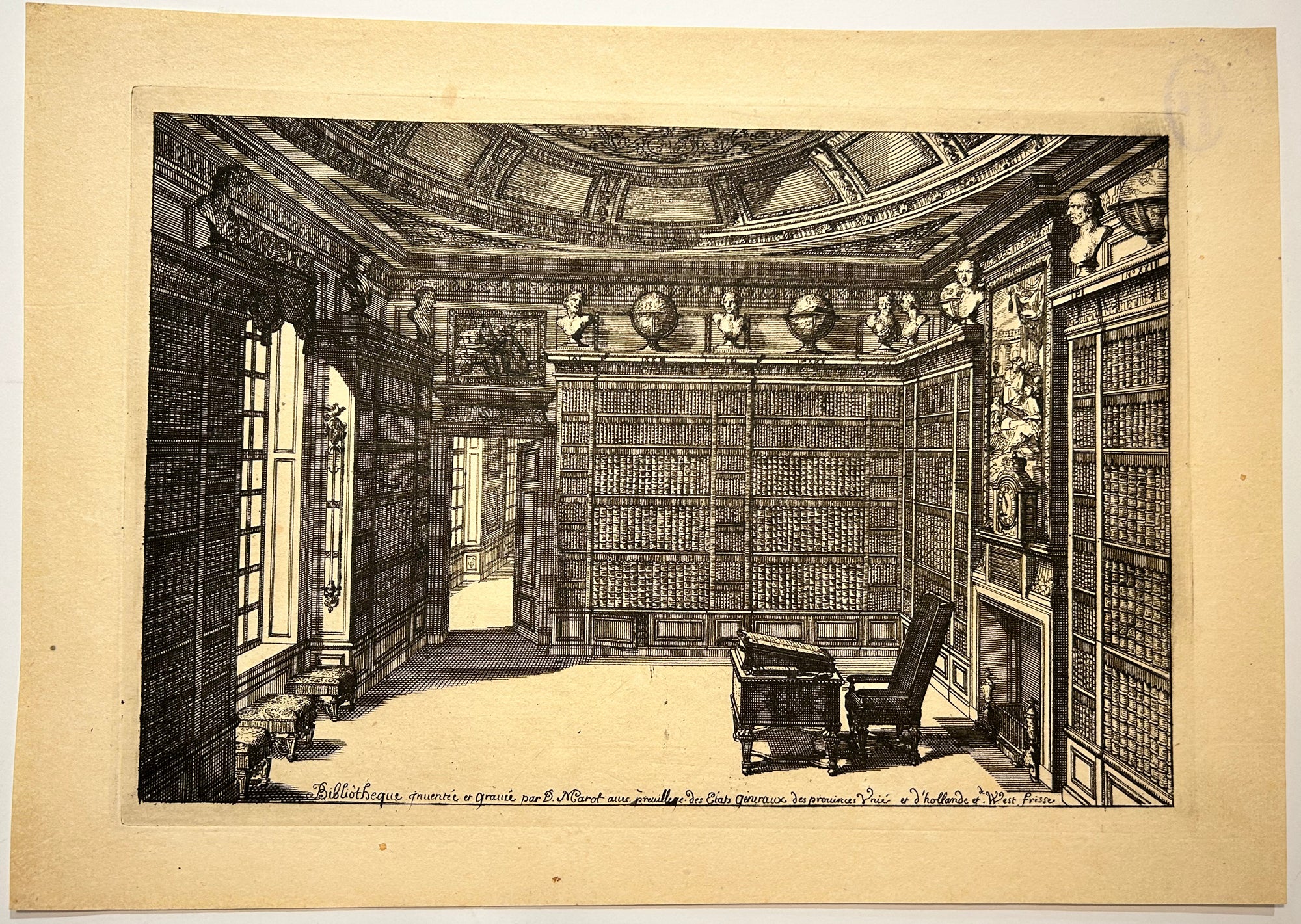 Daniel MAROT - Intérieur d'une bibliothèque.  Entre 1703 et 1712. Eau-forte originale. 