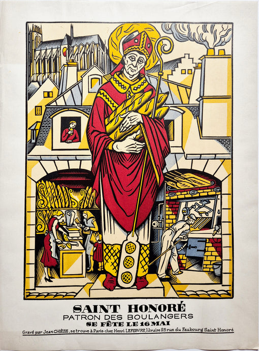Jean CHIEZE - Saint Honoré, Patron des boulangers. 1940. Bois gravé, colorié au pochoir. 