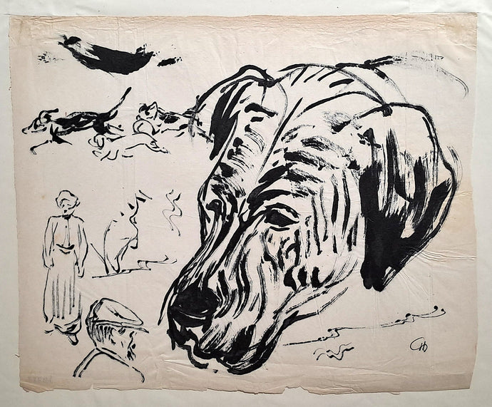 Jules CHADEL [Etudes de têtes de chien et de paysans]. Dessin original, signé. 