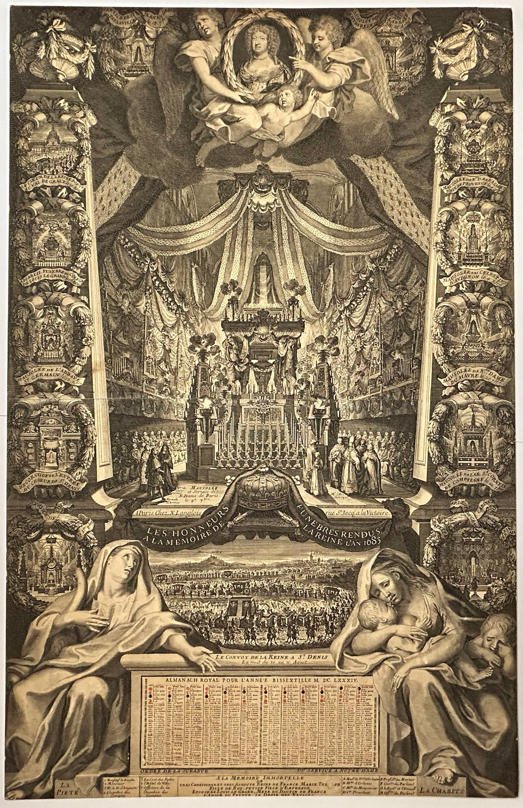 Almanach Royal pour l'année bissextile M.DC.LXXXIV (1684). Les Honneurs funèbres rendus à la Mémoire de la Reine Marie-Thérèse en l'an 1683.