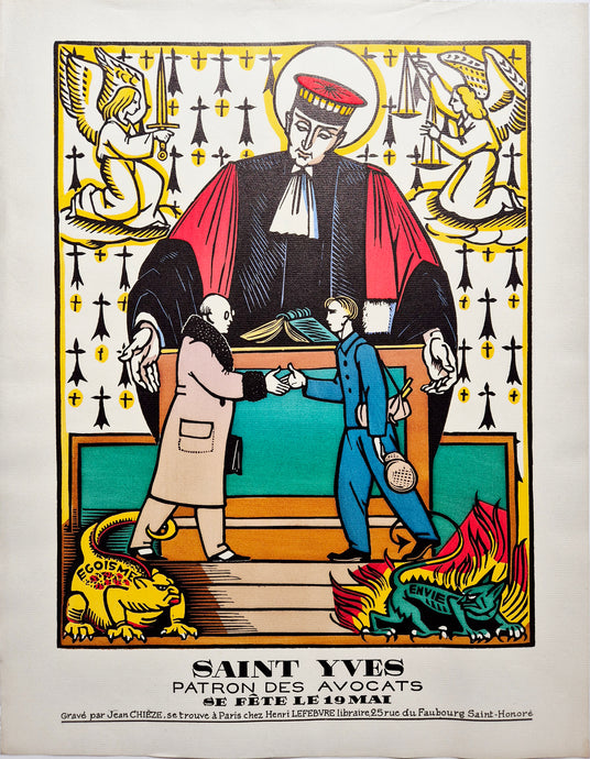 Jean CHIEZE - Saint Yves, patron des avocats. 1943. Bois gravé, colorié au pochoir. 