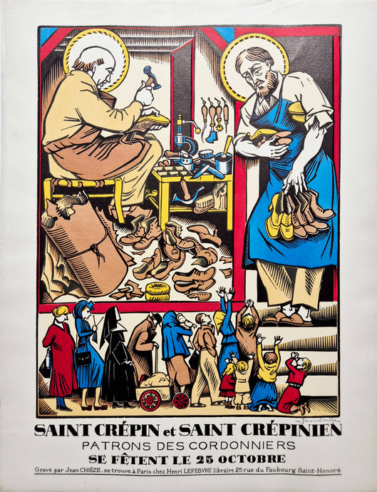 Jean CHIEZE - Saint Crépin et Saint Crépinien, patrons des cordonniers. 1942. Bois gravé, colorié au pochoir. 