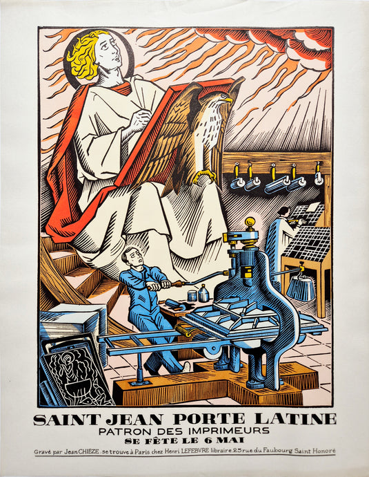 Jean CHIEZE - Saint Jean Porte Latine, patron des imprimeurs. 1942. Bois gravé, colorié au pochoir. 