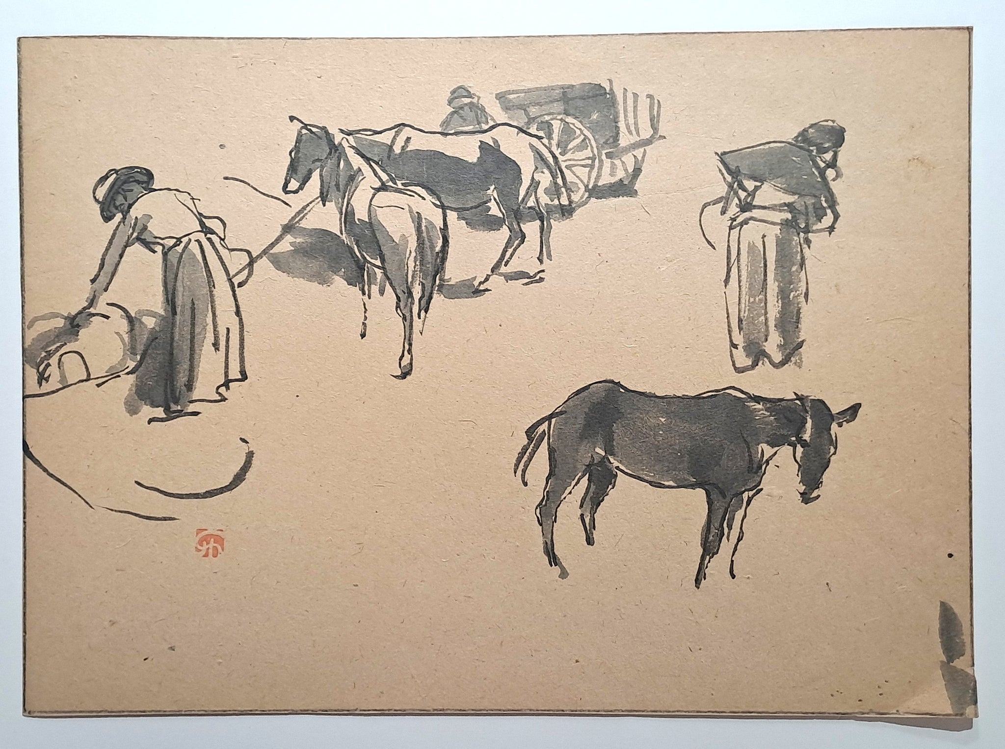 Jules CHADEL [Chevaux, char et personnages]. Dessin original.