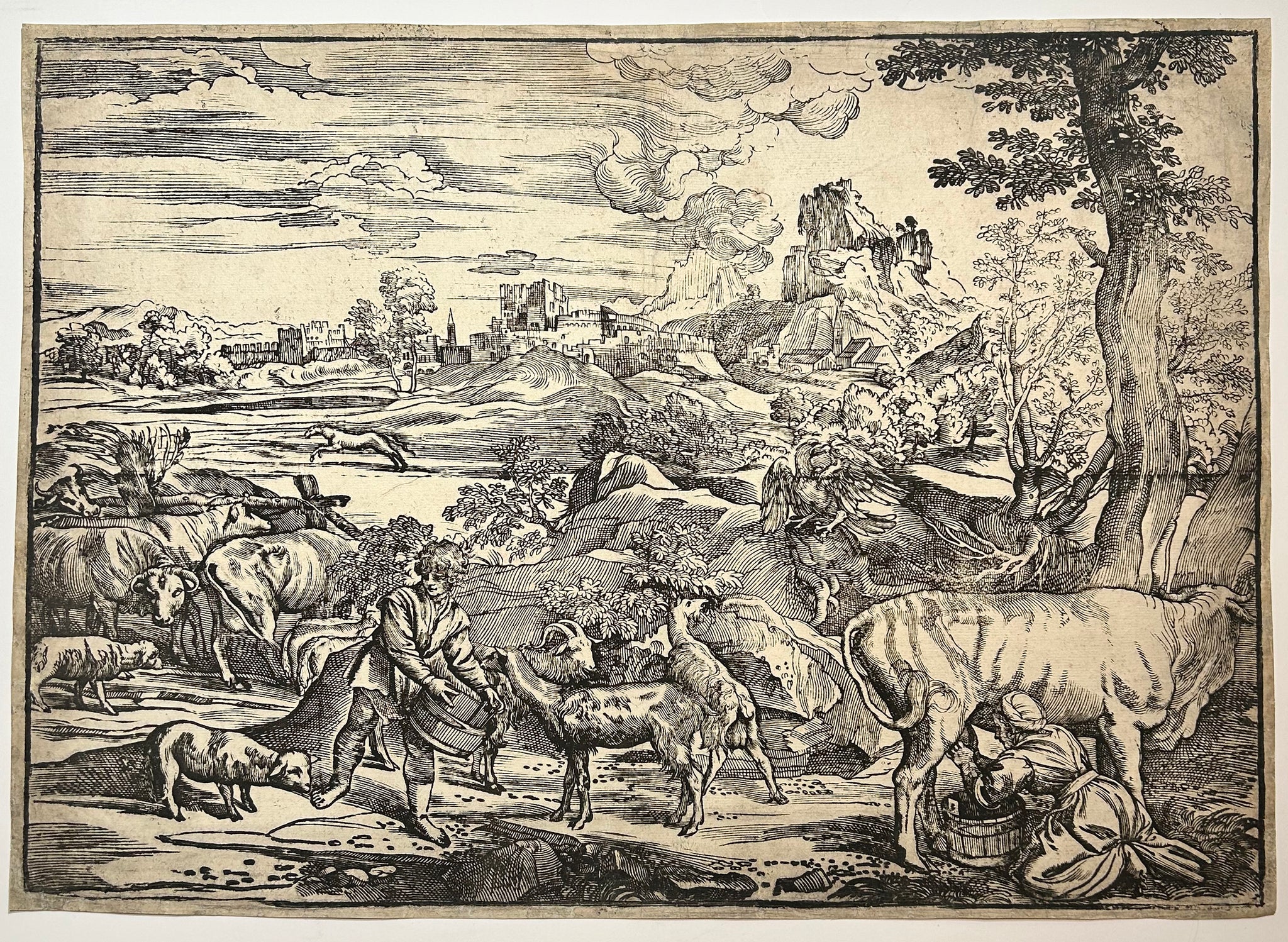 Niccolo BOLDRINI - Paysage avec une fermière trayant une vache et un Jeune berger. c.1525. Bois gravé d'après Le Titien. 