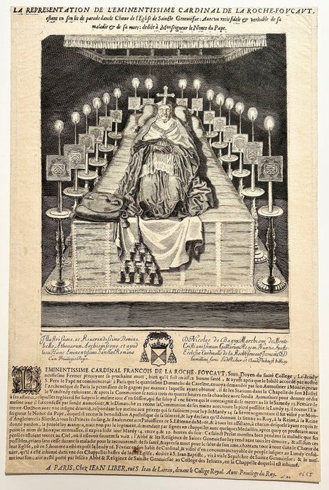 La représentation de l'Eminentissime Cardinal de La Rochefoucault dans son lit de parade dans le Chœur de l'Eglise de Ste Geneviève. Gravure anonyme française du 17ème siècle. 