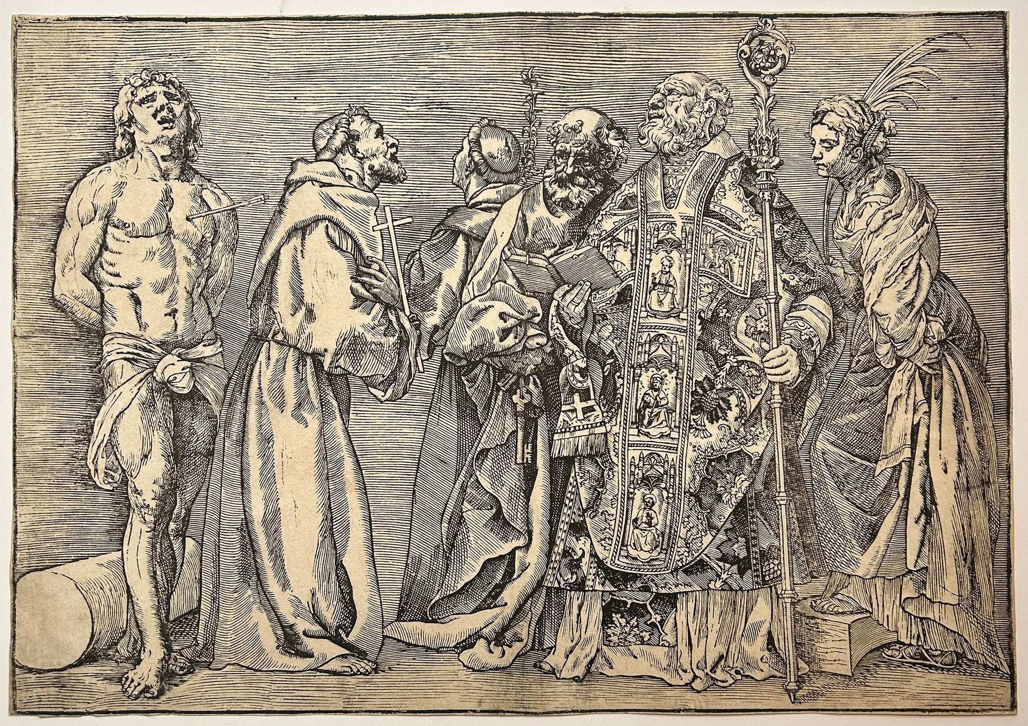 Niccolo BOLDRINI - Six Saints: St Sébastien, St Francis, St Antoine de Padoue, St Pierre, St Nicolas et Ste Catherine. Bois gravé d'après Le Titien.