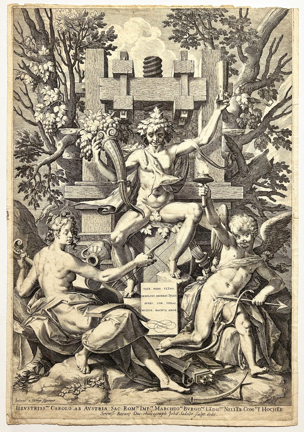 Johannes SADELER Bacchus assis sur un tonneau entre l'Amour et la Musique.  c.1590. Gravure