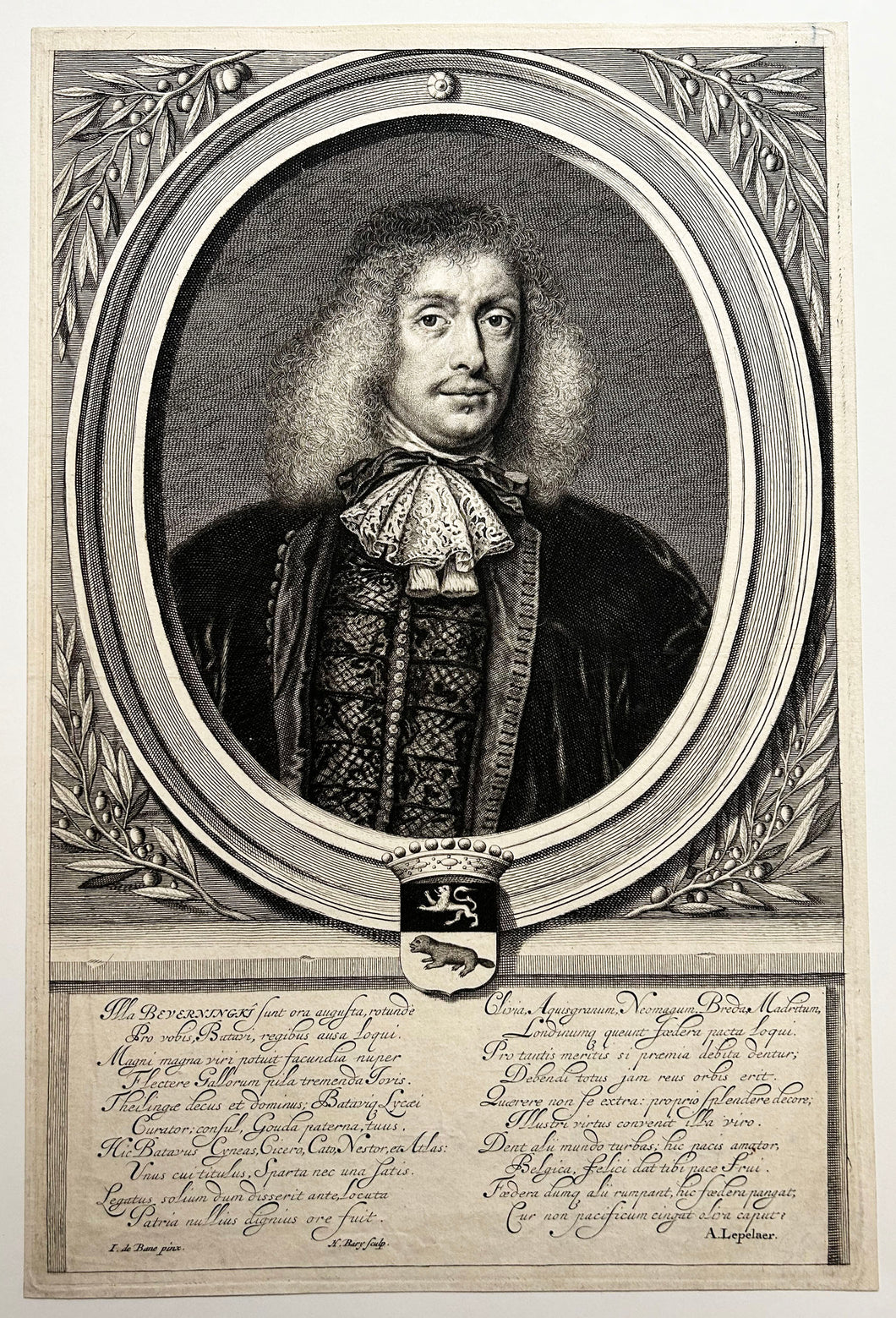 Hendrick BARY - Portrait de Hiëronymus van Beverninck (1614†1690), diplomate et botaniste hollandais. Gravure à l'eau-forte et au burin d'après le tableau peint par J. de Baen.
