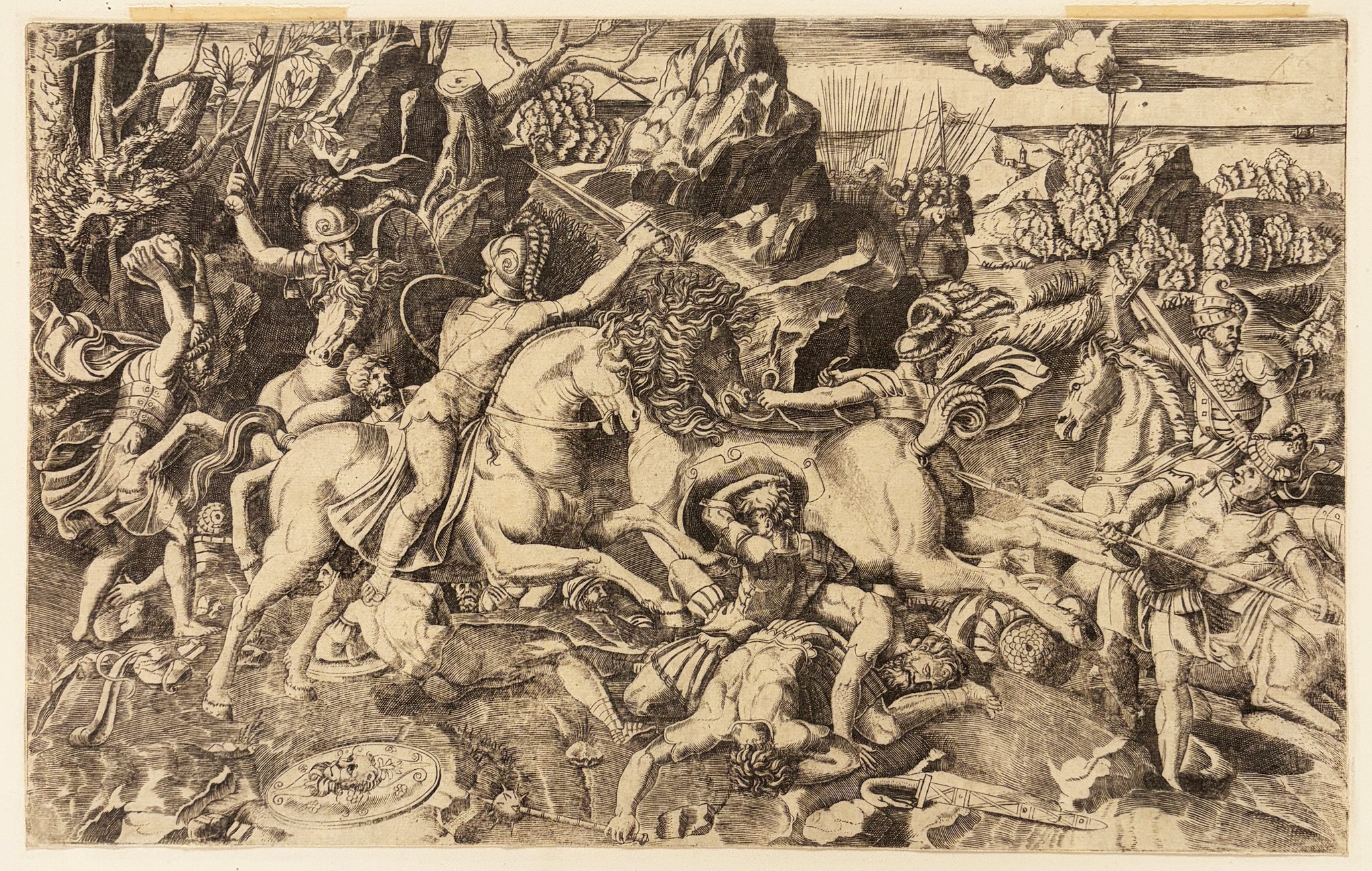 D'après RAPHAËL - Combat entre cavaliers et fantassins. Copie au burin du XVIème par un anonyme d'après la gravure exécutée en 1522 par Hieronymus Hopfer (graveur allemand né vers 1500 et mort en 1563) d'après un dessin de Raphaël. 