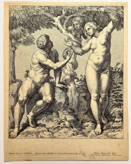 Nicolas BOCQUET - Adam et Eve séduits par le serpent.  1691. Eau-forte d'après Raphaël. 