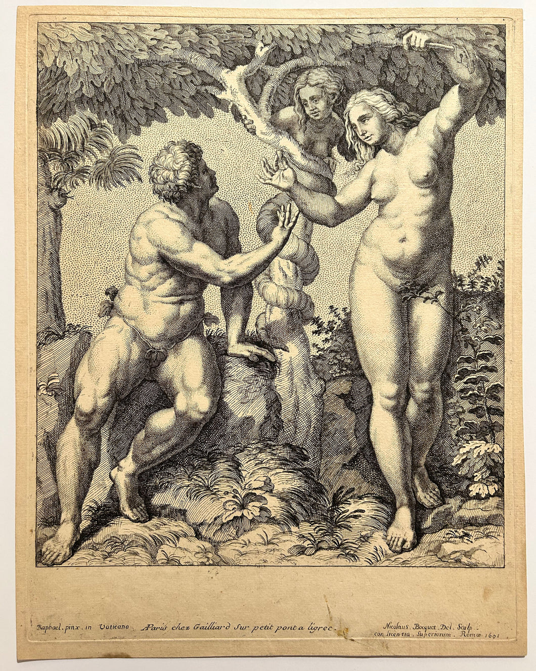 Nicolas BOCQUET - Adam et Eve séduits par le serpent.  1691. Eau-forte d'après Raphaël. 