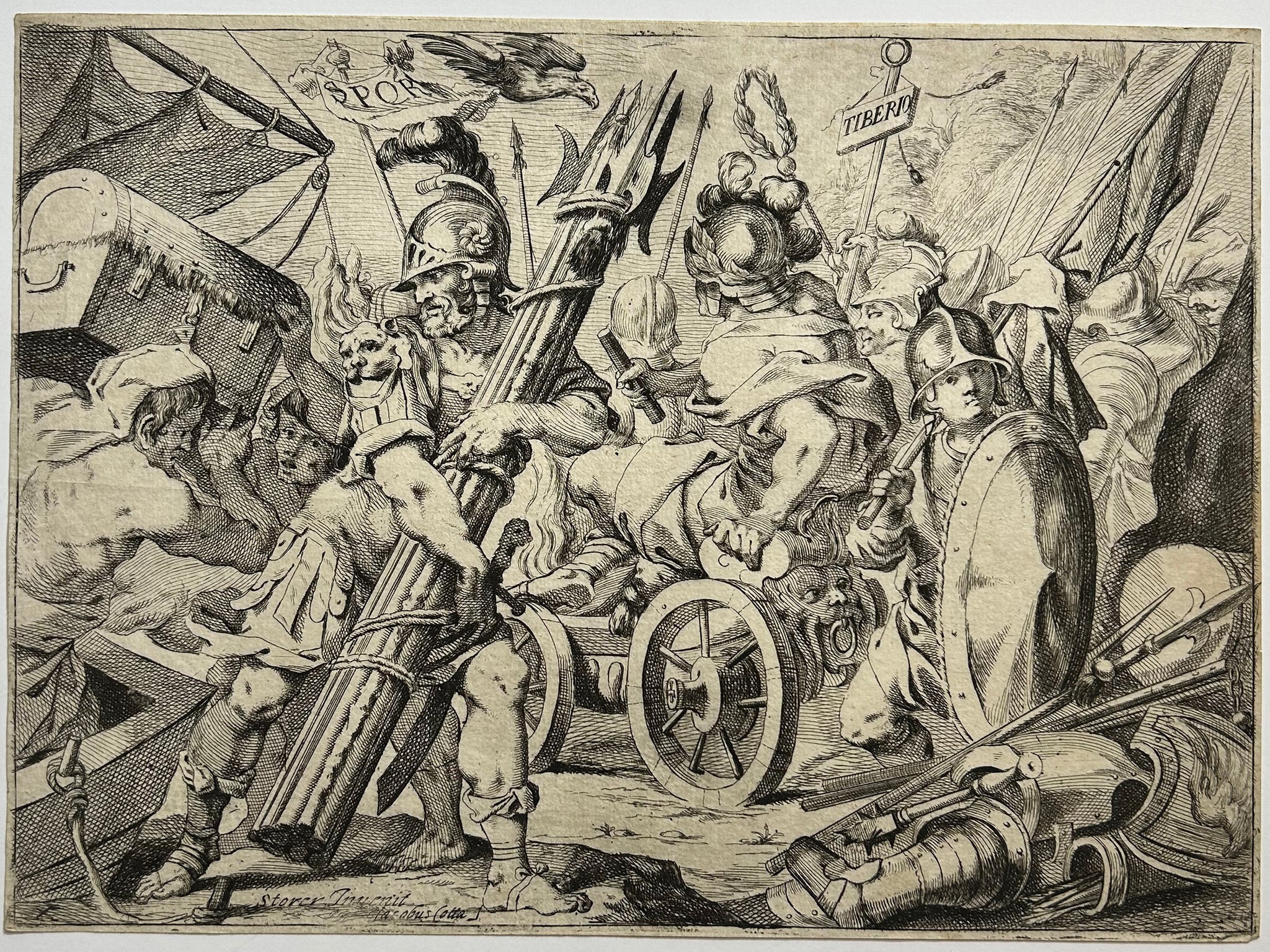 Giacomo COTTA - Apparition de l'aigle à Tibère sur l'île de Rhodes. c.1649-1651. Eau-forte d'après Johann Christoph Storer (Constance, Allemagne 1620 † 1671). 