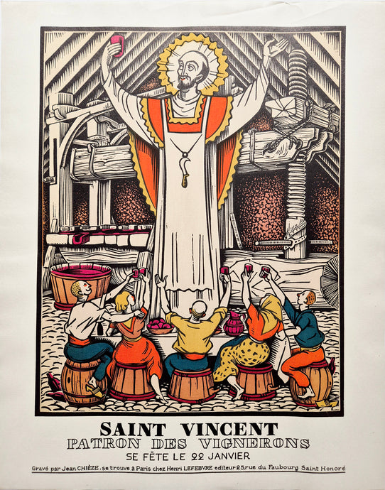 Jean CHIEZE - Saint Vincent, patron des vignerons. 1941. Bois gravé, colorié au pochoir. 