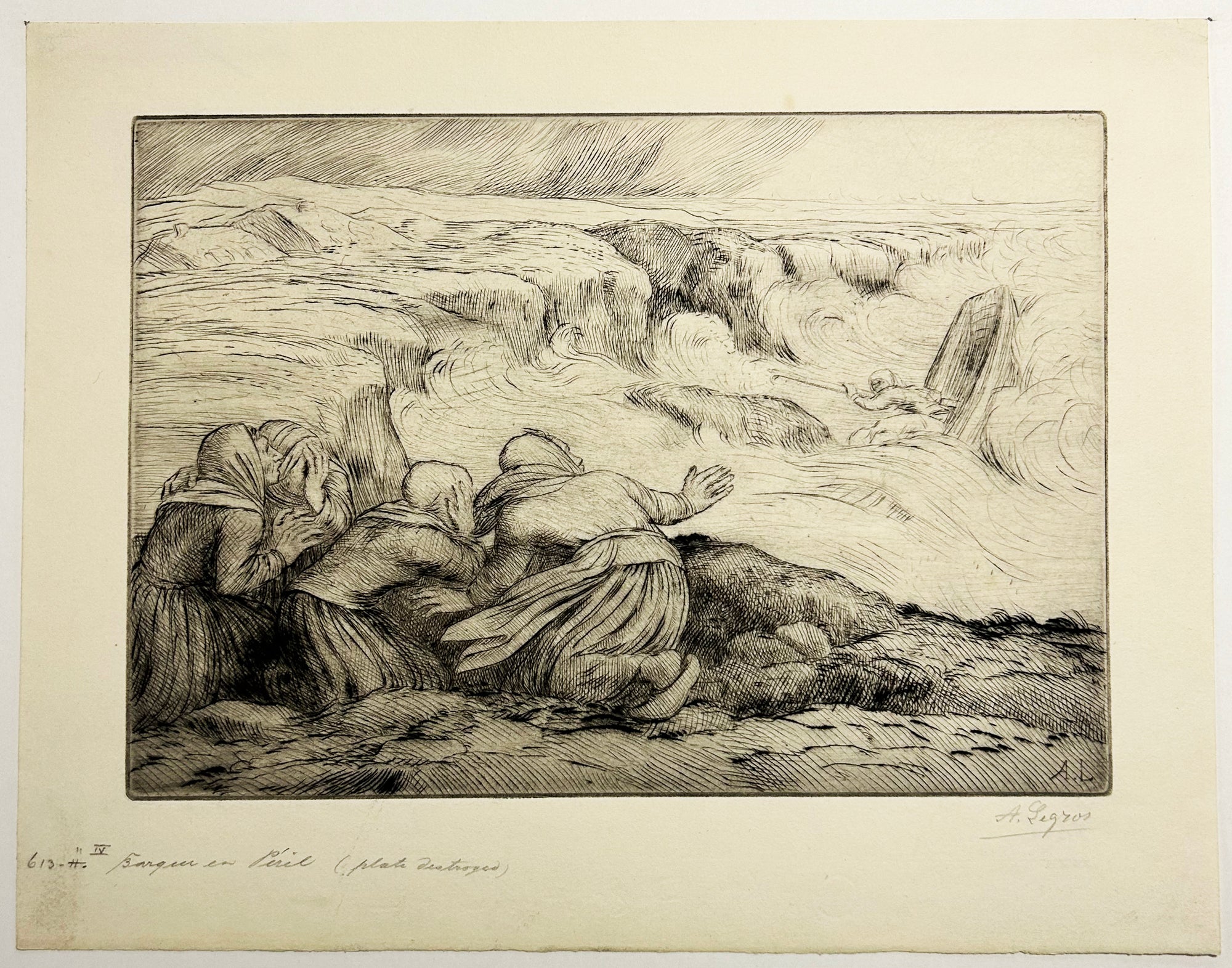 Alphonse LEGROS - Barque en péril. Eau-forte originale, signée. 