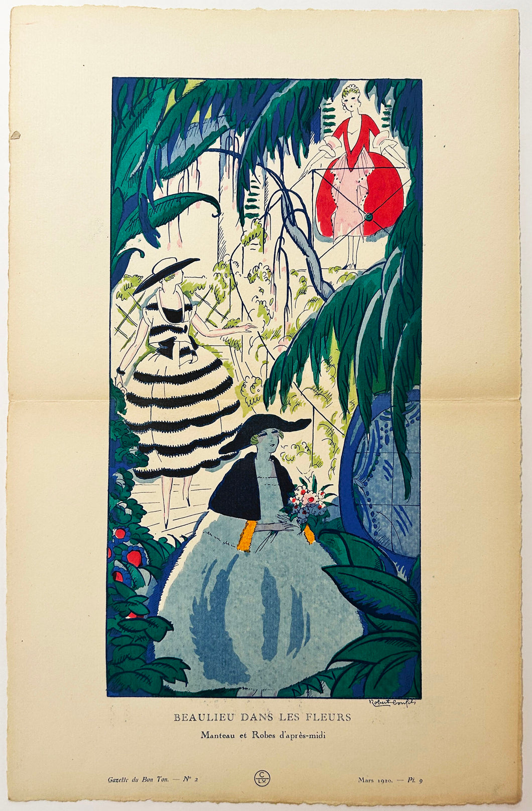 Robert BONFILS - Beaulieu dans les fleurs. Manteau et Robes d'après-midi. 1920. Pochoir.