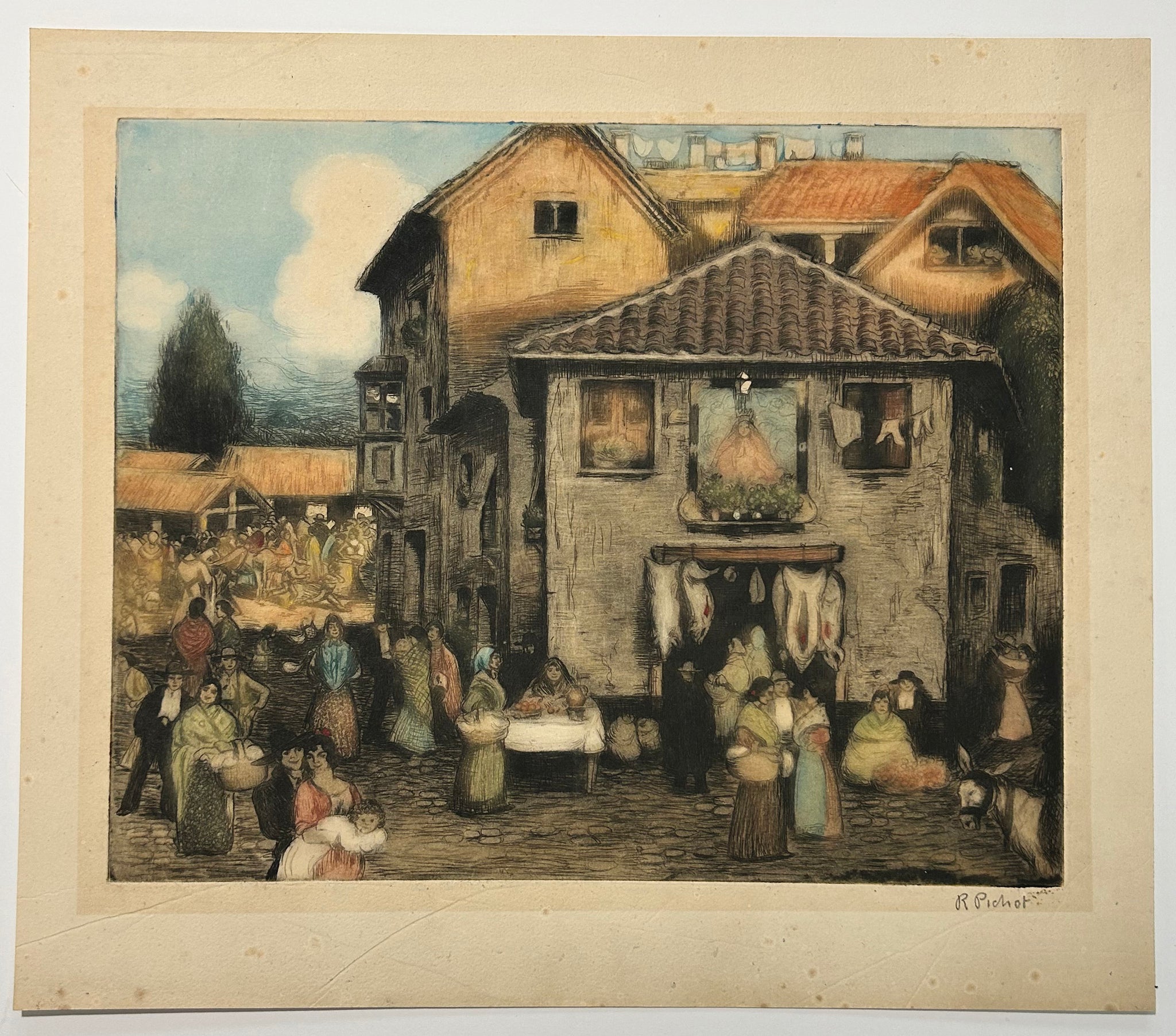 Ramon Antonio PICHOT GIRONES - [Marché espagnol]. Gravure originale à l'eau-forte et pointe sèche, imprimée en couleurs, signée.