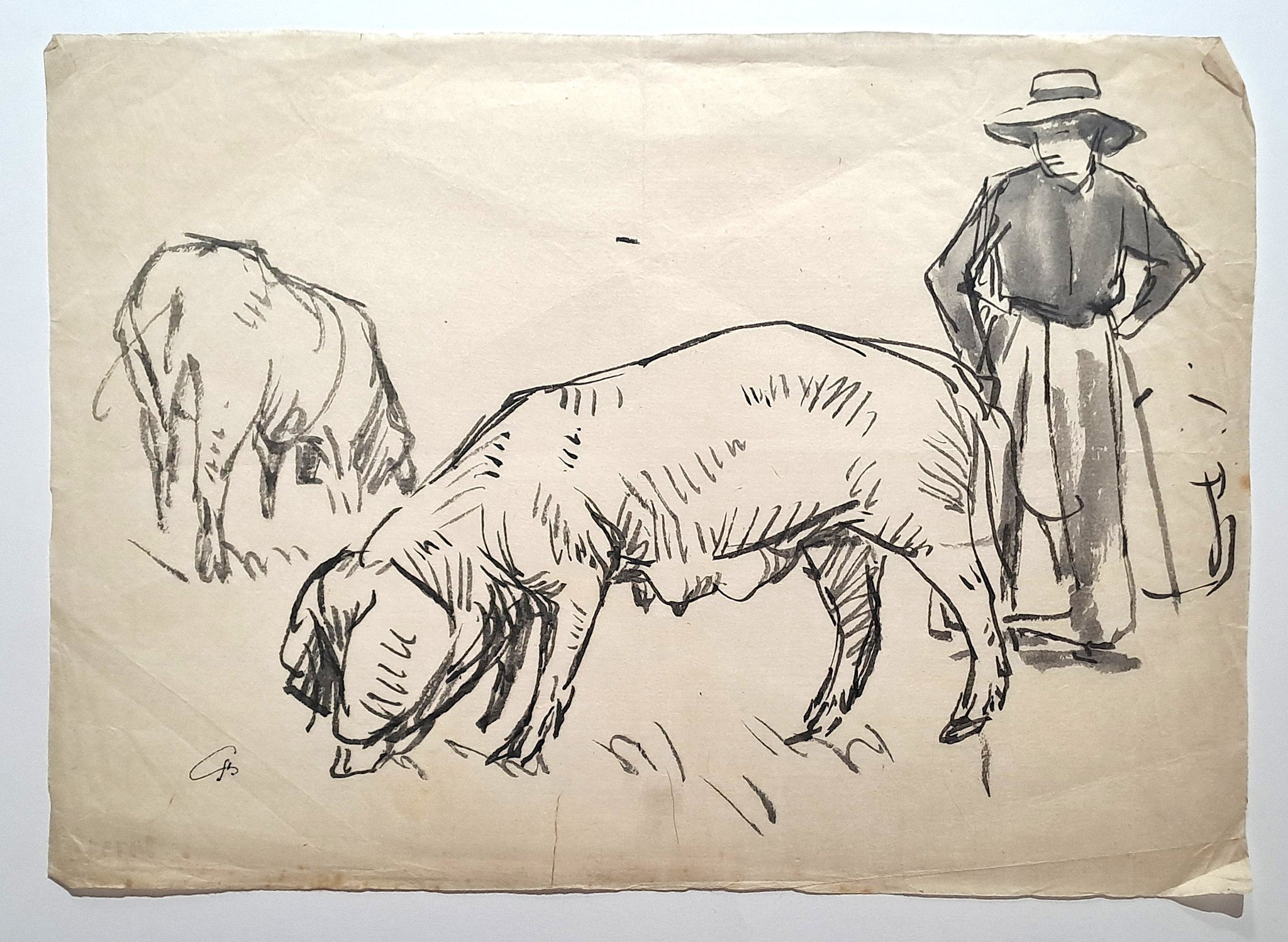 Jules CHADEL[La gardienne de cochons]. Dessin original.  