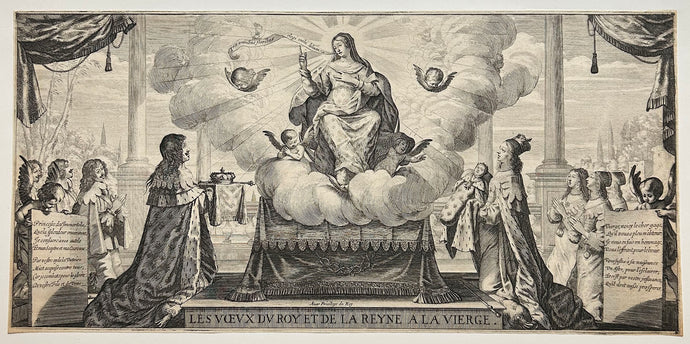 Abraham BOSSE - Les vœux du Roy et de la Reyne à la Vierge. Louis XIII et Anne d'Autriche agenouillés devant la Vierge en gloire.  1638. Gravure originale. 