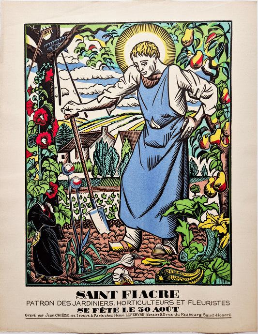 Jean CHIEZE - Saint Fiacre, patron des jardiniers, horticulteurs et fleuristes. 1941. Bois gravé, colorié au pochoir. 