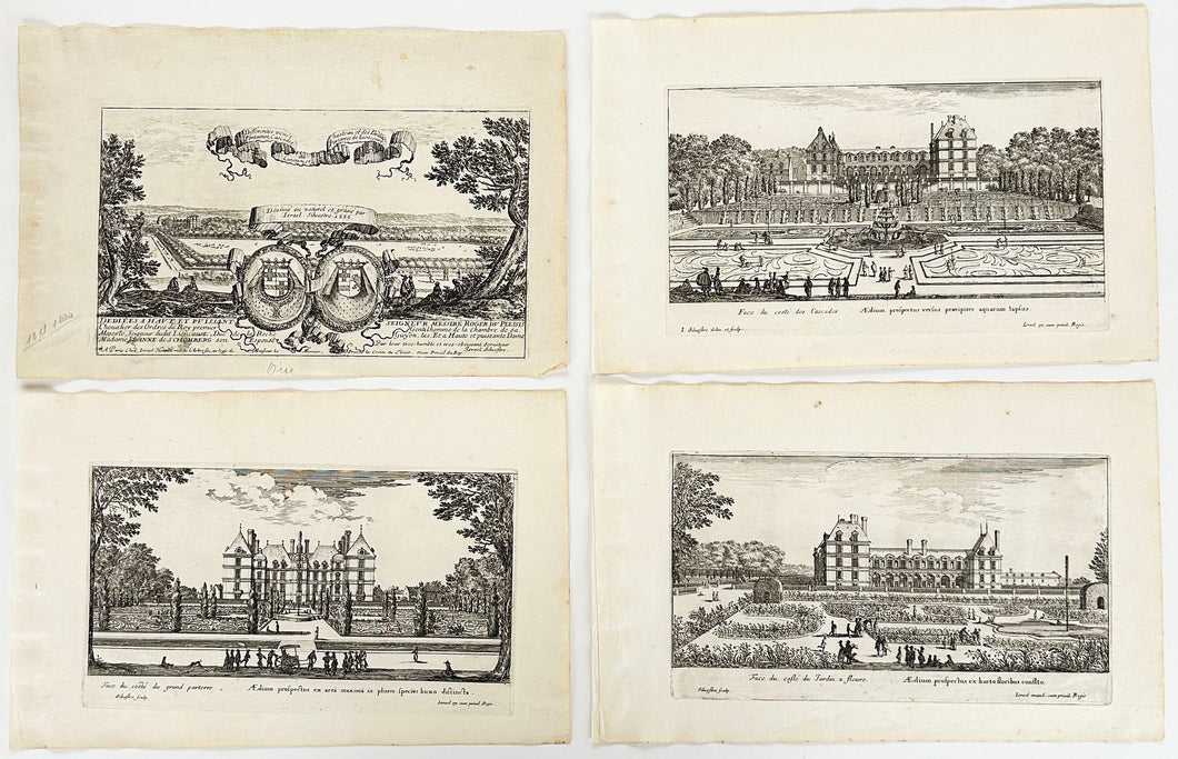 Différentes vues du château et des jardins, fontaines, cascades, canaux et parterres de Liencourt.  1656.