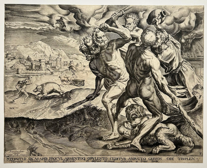 Charles DAVID - Hercule attaquant le monstre à trois têtes Géryon.  c.1623. Gravure d'après Cornelis Cort. 
