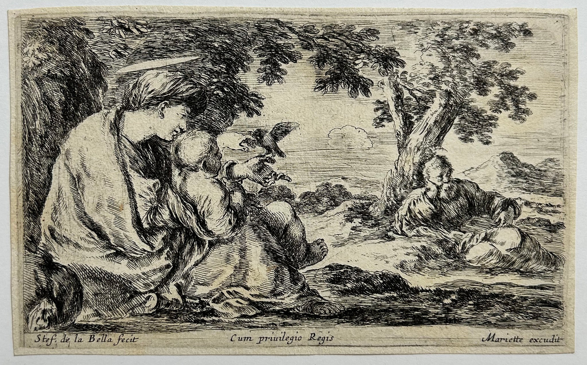 Stefano DELLA BELLA - Repos pendant la fuite en Egypte.  c.1641. Eau-forte originale. 