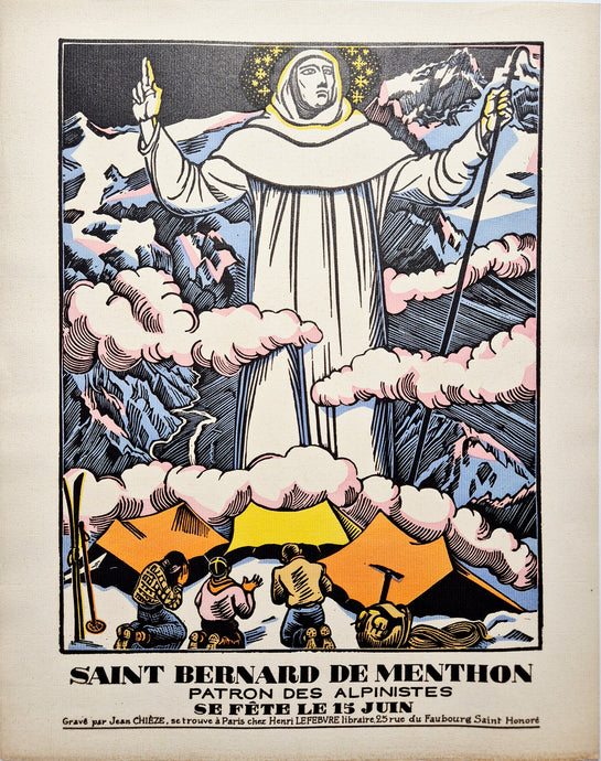 Jean CHIEZE - Saint Bernard de Menthon, patron des alpinistes. 1941. Bois gravé, colorié au pochoir. 