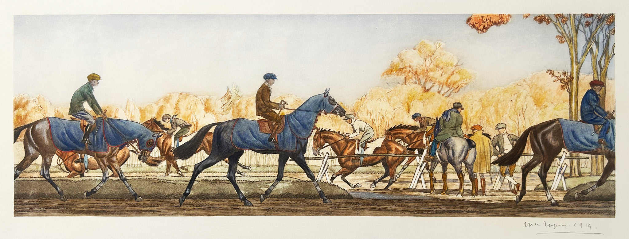 Maurice TAQUOY - Chevaux à l'entrainement en forêt. 1919. Eau-forte originale, imprimée en couleurs
