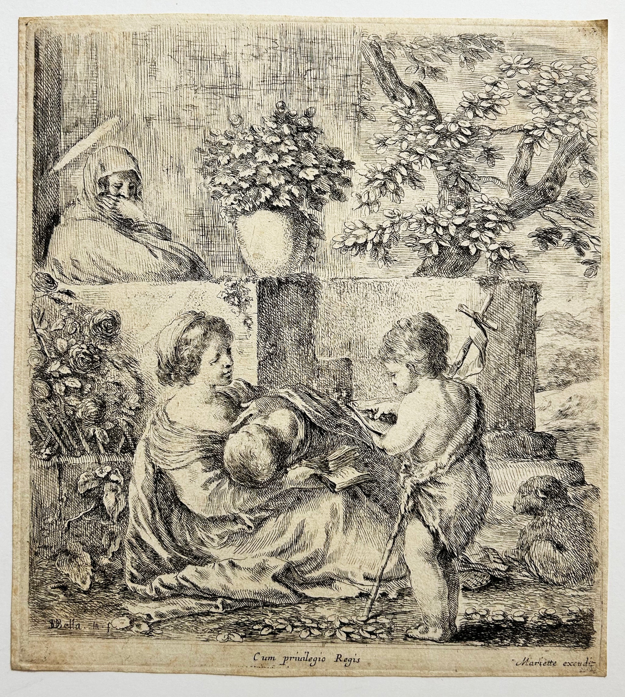 Stefano DELLA BELLA - Vierge à l'Enfant avec Saint Jean-Baptiste et Sainte Elisabeth.  c.1641. Eau-forte originale. 