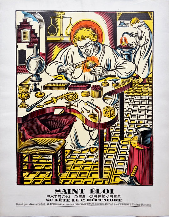 Jean CHIEZE - Saint Eloi, patron des orfèvres. 1943. Bois gravé, colorié au pochoir. 