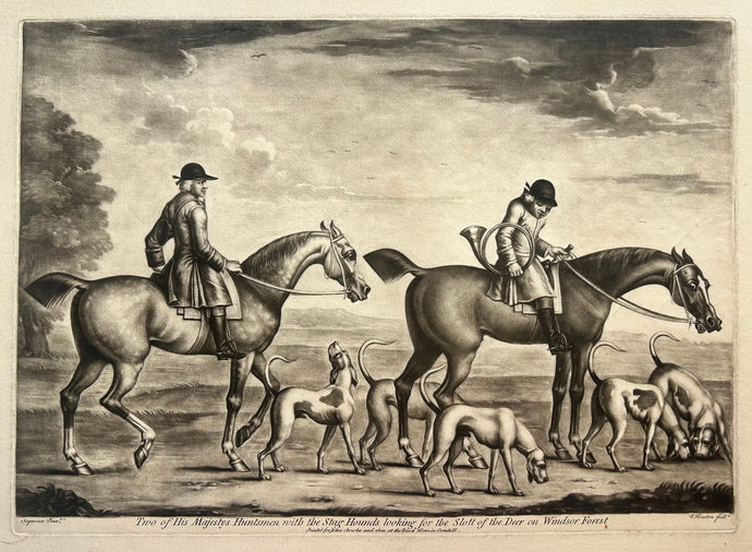 Richard HOUSTON - Two of His Majestys Huntsmen with the Stag Hounds looking for the slott of the deer on Windsor forest. c.1750. Manière noire d'après James Seymour.