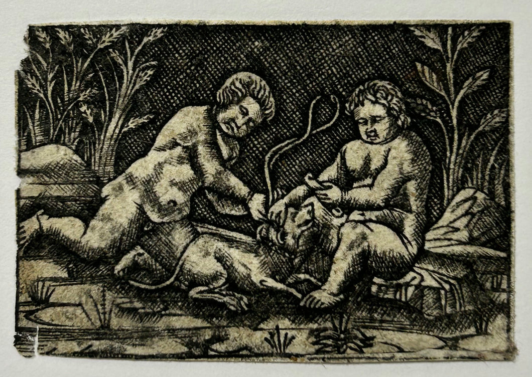 [Deux enfants nus avec un chien].