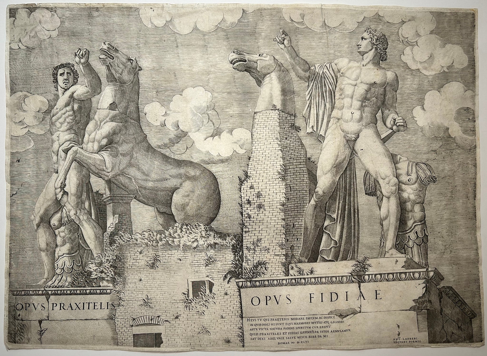 Publiée par Antonio LAFRERY - Les Dioscures du Quirinal à Rome. (Dresseurs de chevaux, ou Alexandre et Bucéphale). Opus Praxitelis, Opus Fidiae. 1546. Burin. 